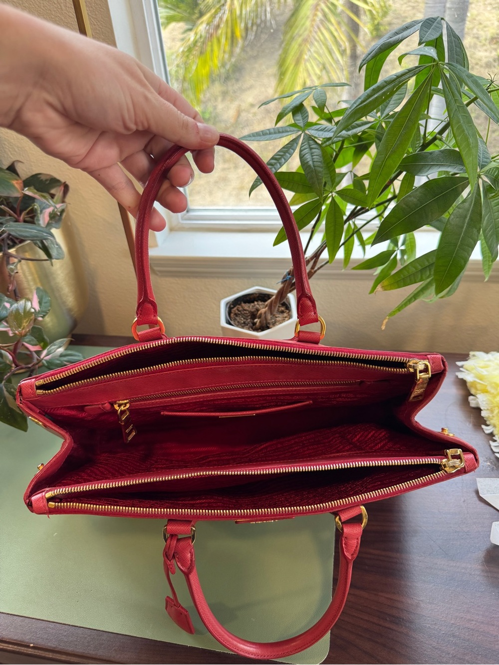 Prada Cherry Red Saffiano Tote with Gold Accents - Picture 10 of 14